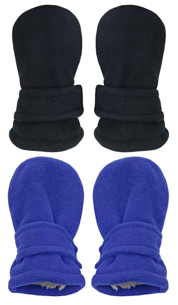 N'Ice Caps Little Kids And Baby Easy-On Sherpa Lined Fleece Mittens - 2 Pair Pack (Royal/Black Pack - Infant No Thumbs, 6-18 Mon