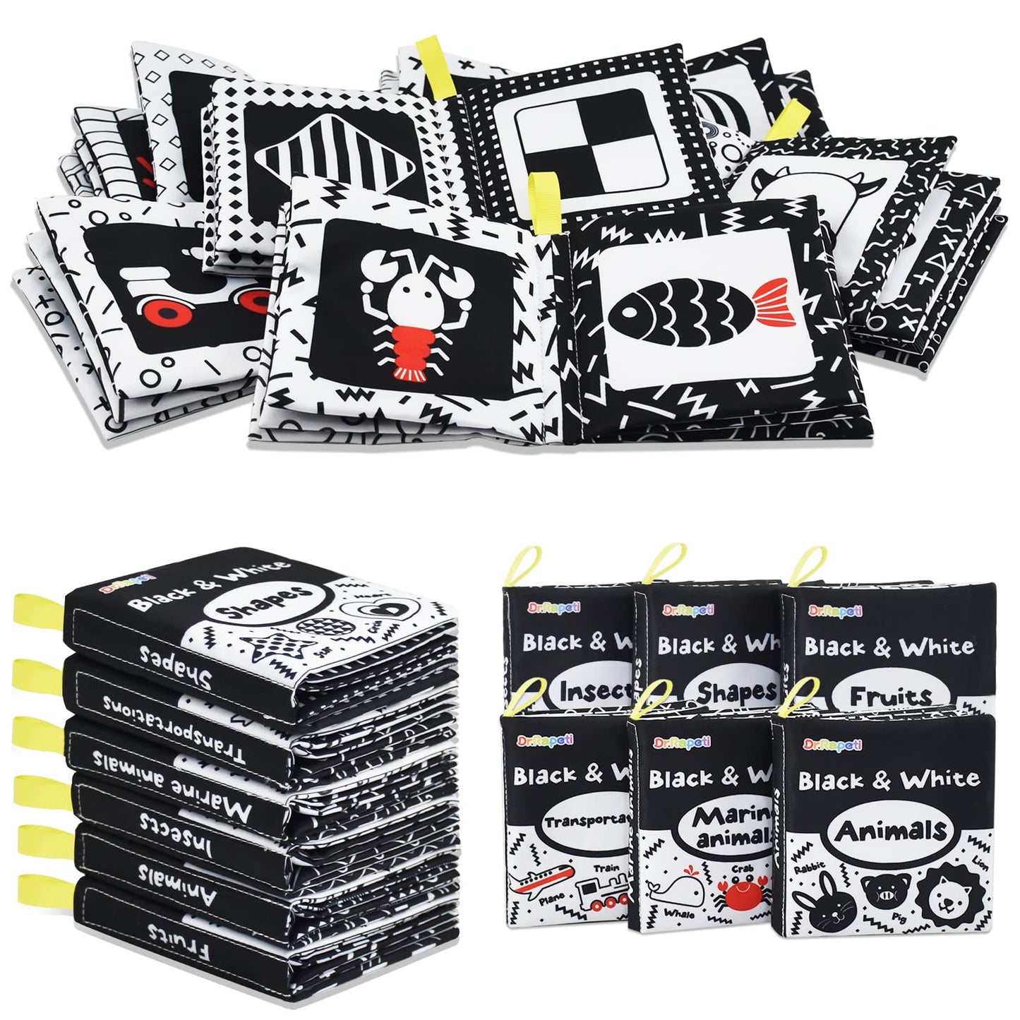 Dr.Rapeti Soft Cloth Book For Baby Infant Toddler Kids 6-Pack High Contrast Black And White Crinkle Washable Non-Toxic Early Edu