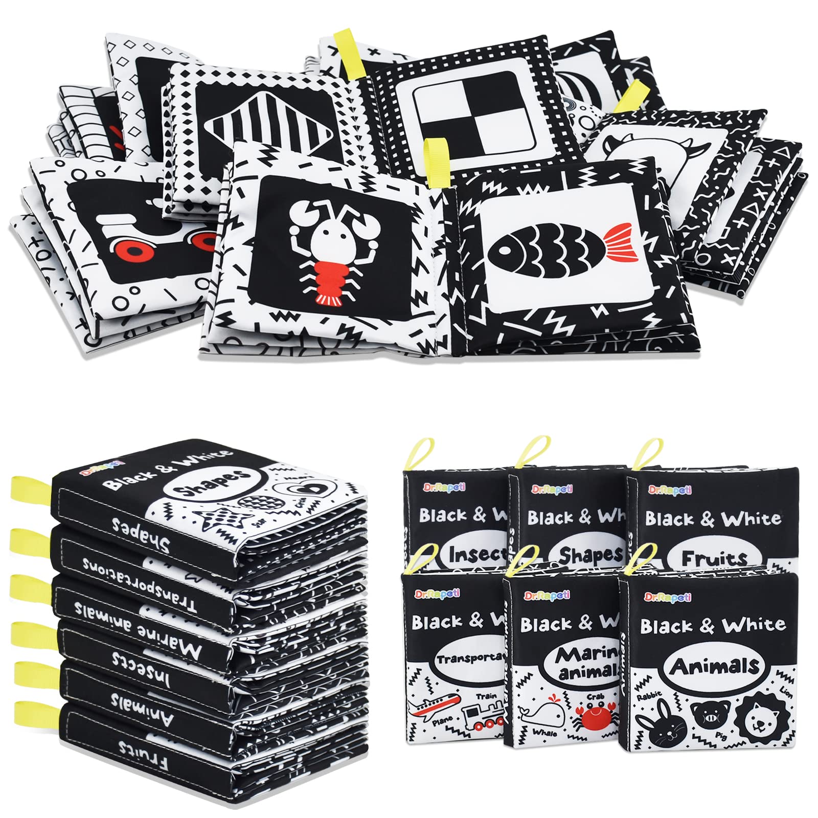 Dr.Rapeti Soft Cloth Book For Baby Infant Toddler Kids 6-Pack High Contrast Black And White Crinkle Washable Non-Toxic Early Edu
