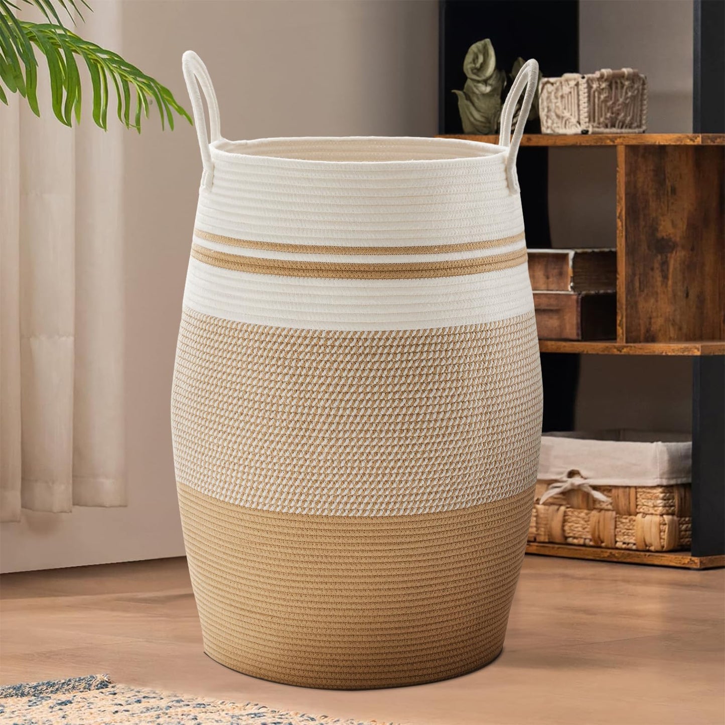 105L Extra Large Woven Laundry Hamper Basket With Heavy Duty Cotton Rope Handles For Clothes And Toys In Bedroom, Nursery Room,