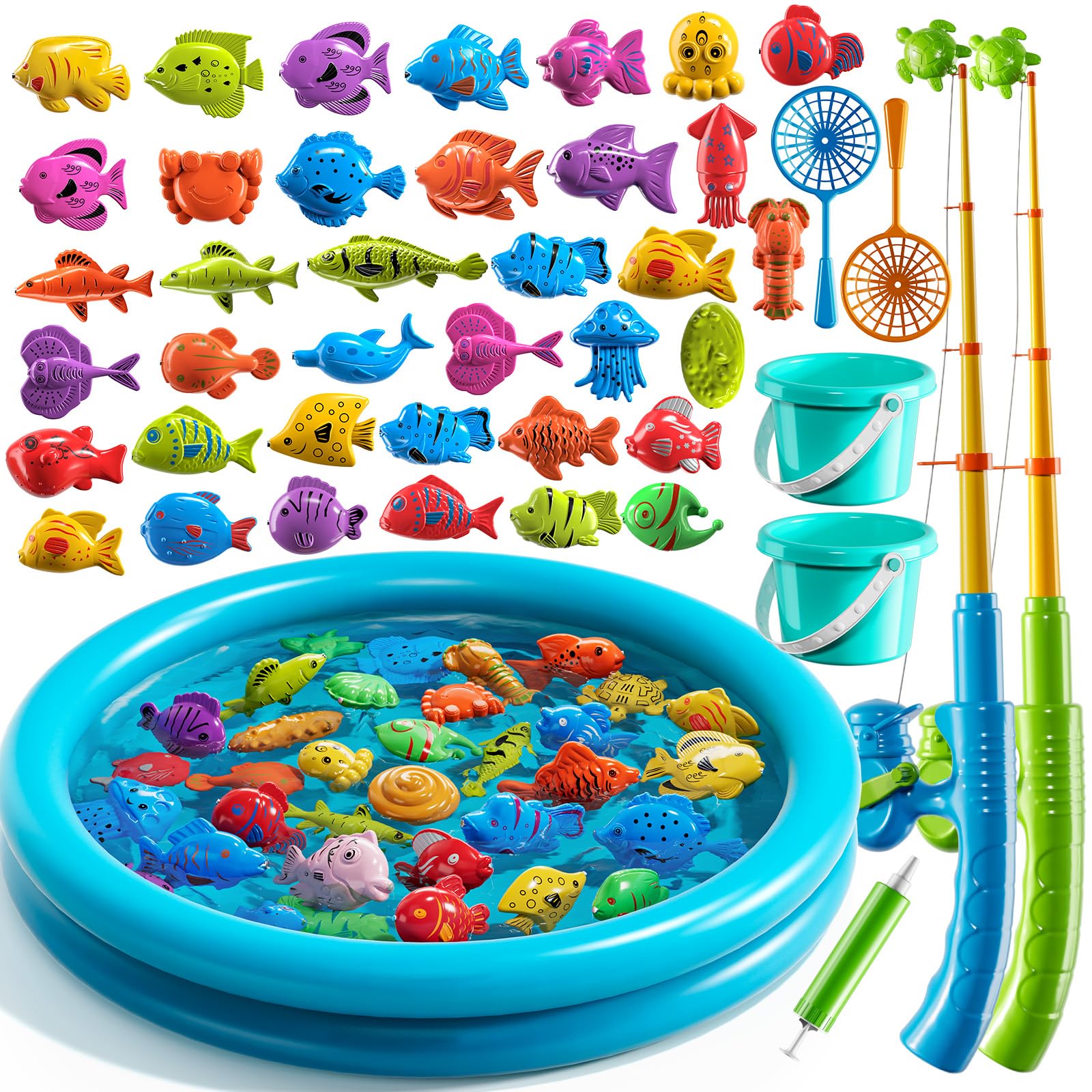 JUKUDAHU Magnet Fishing Toys Game for Kids 3-5 - Floating Fish Toys with Inflatable Kiddie Pool, Bath Toys for Toddlers, Pole Ro