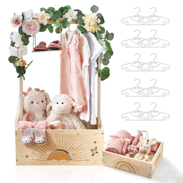 Wooden Baby Shower Crate Closet Set With 10 Hangers, Baby Clothing Rack,Shower Party Basket With Handle And Swing, Large Capacit