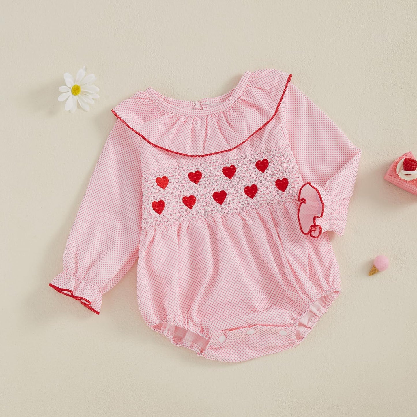 Mlpeerw My First Valentines Day Baby Girl Outfit Newborn Heart Smocked Bubble Romper Bodysuit Cute Valentines Day Clothes (Valen