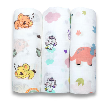 Momly U Cotton Baby Swaddle Set | Pack of 3 | Size100cm x 100cm Turtle Deer Panda Printed on White | 018 Month+ | Printed Musl