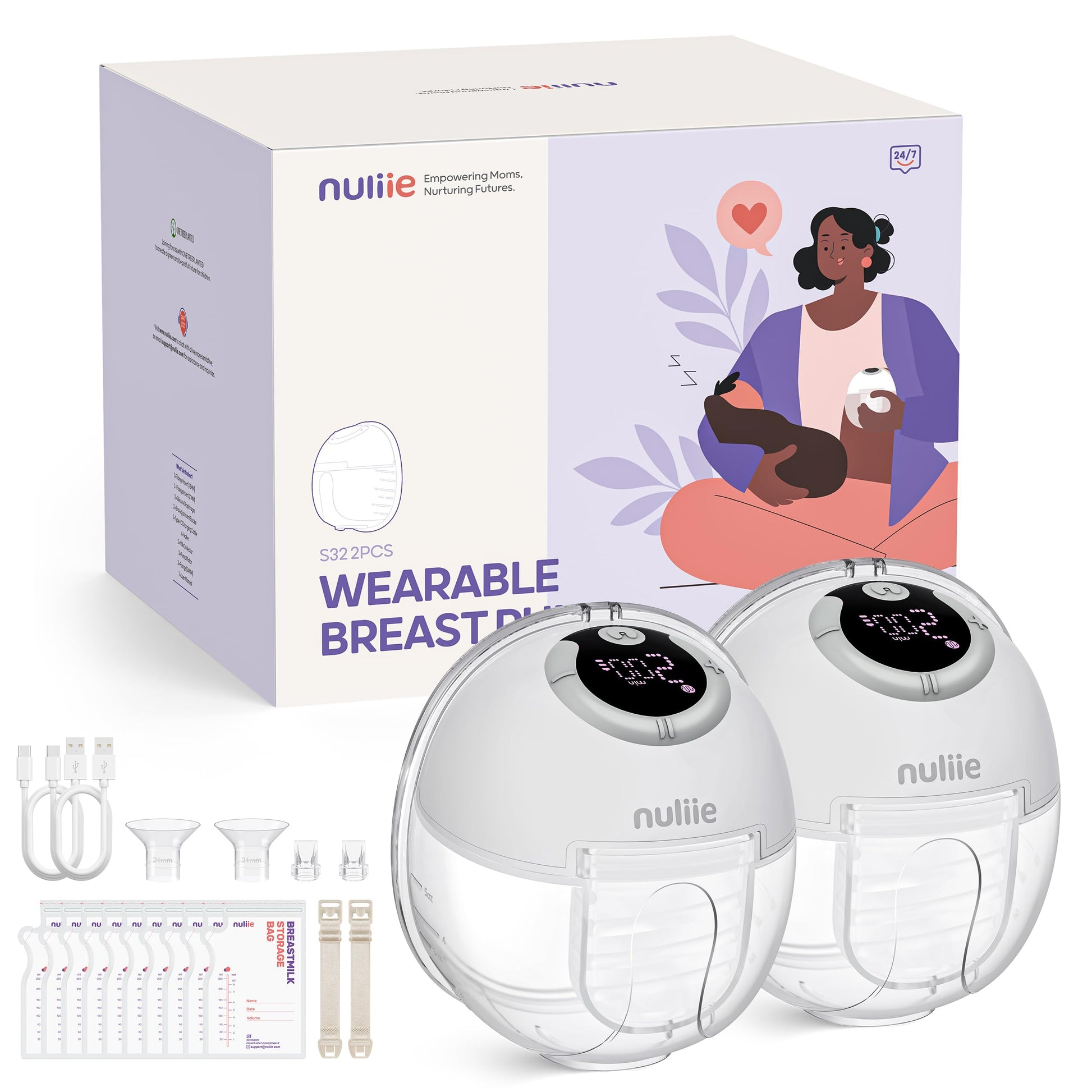 Nuliie Wearable Breastfeeding Pump (2 Packs, White)
