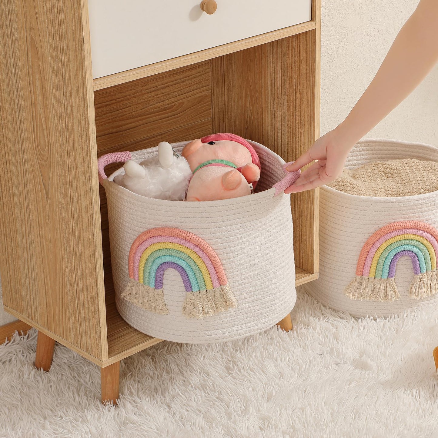 Inough Toy Storage Baskets Woven Cotton Rope Storage Basket With Rainbow Decor For Kids, Blanket Baskets For Living Room Toys Or