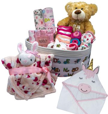 Joyful Arrival Deluxe Baby Girl Gift Basket, Baby Layette Set With 20-Piece Premium New Baby Essentials & Canvas Diaper Tote, Ba