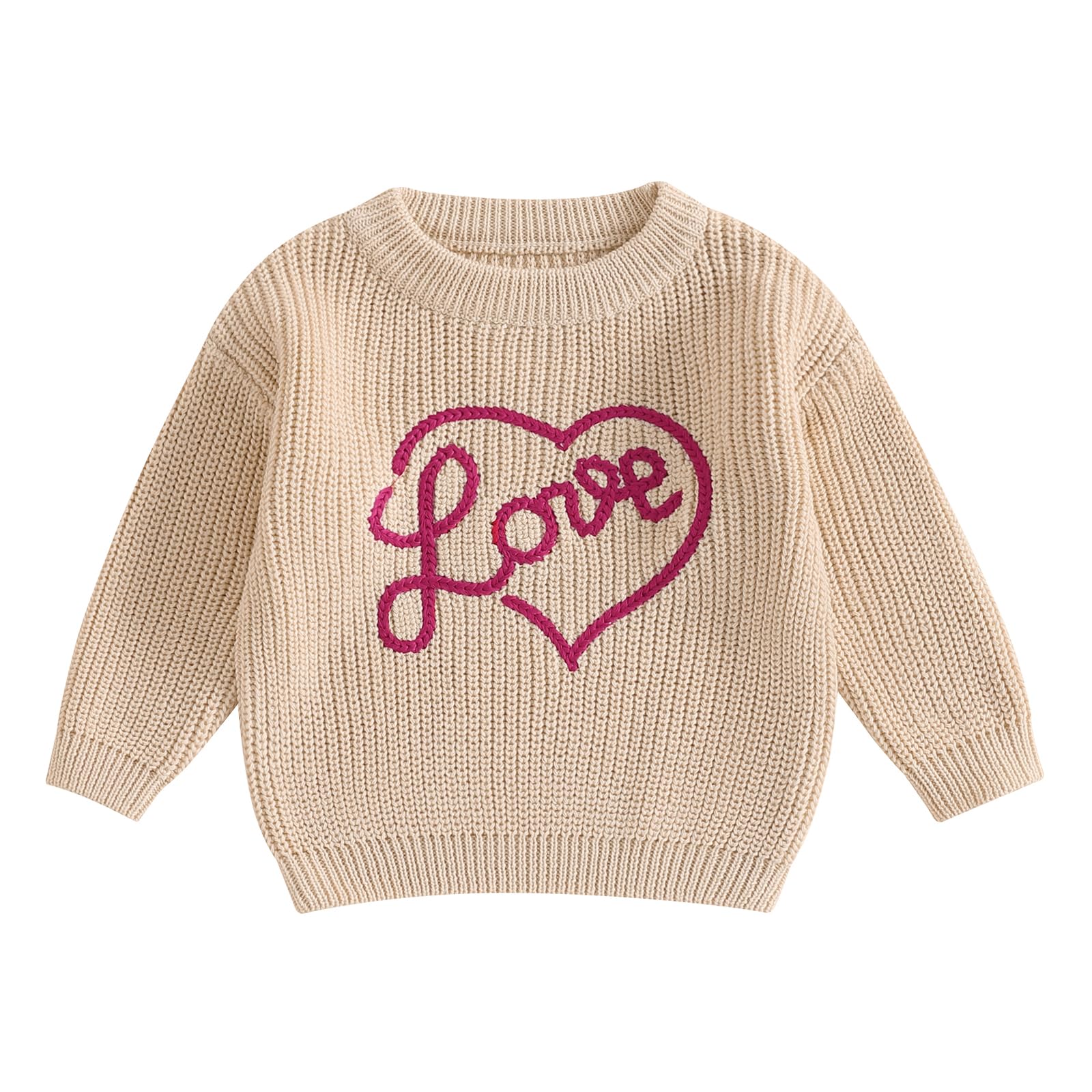 Nokpsedcb Baby Girl Cute Long Sleeve Heart Flowers Embroidery Oversized Sweater Toddler Valentine Outfit (Beige Love, 2-3 Years)