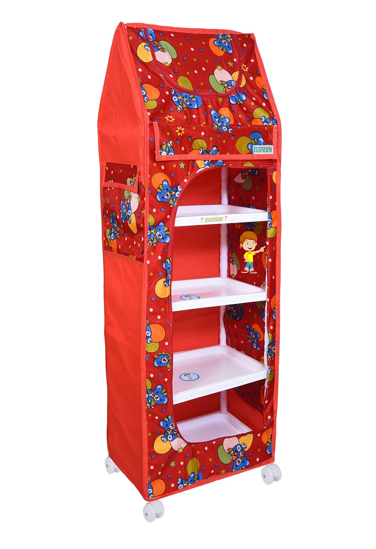 Flipzon Multipurpose 5 Shelve Baby Wardrobe, Foldable, (Unbreakable Material, Medium, Red, Plastic)