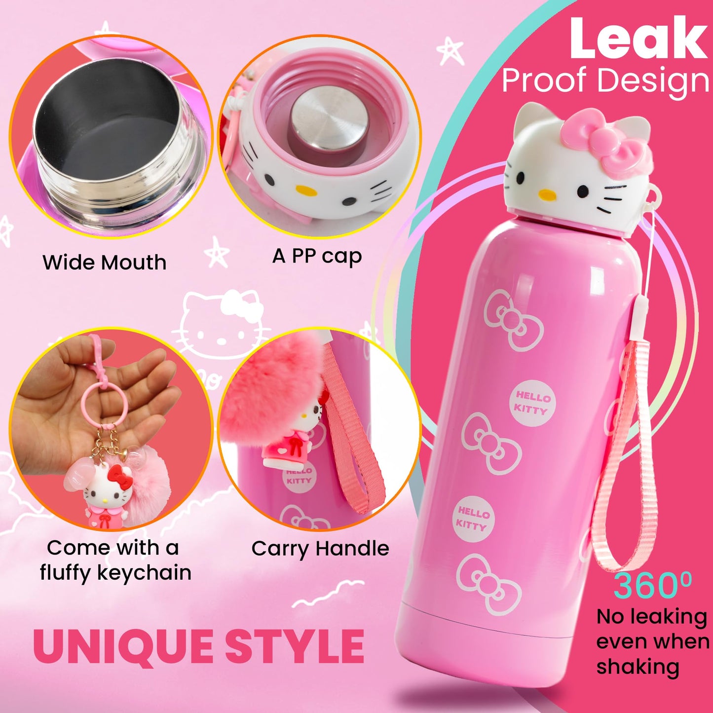 Baby In Love Basket Hello Kitty 400 Ml Insulated Water Bottle For Kids - Stainless Steel With 6-12H Heat Preservation With Sanri