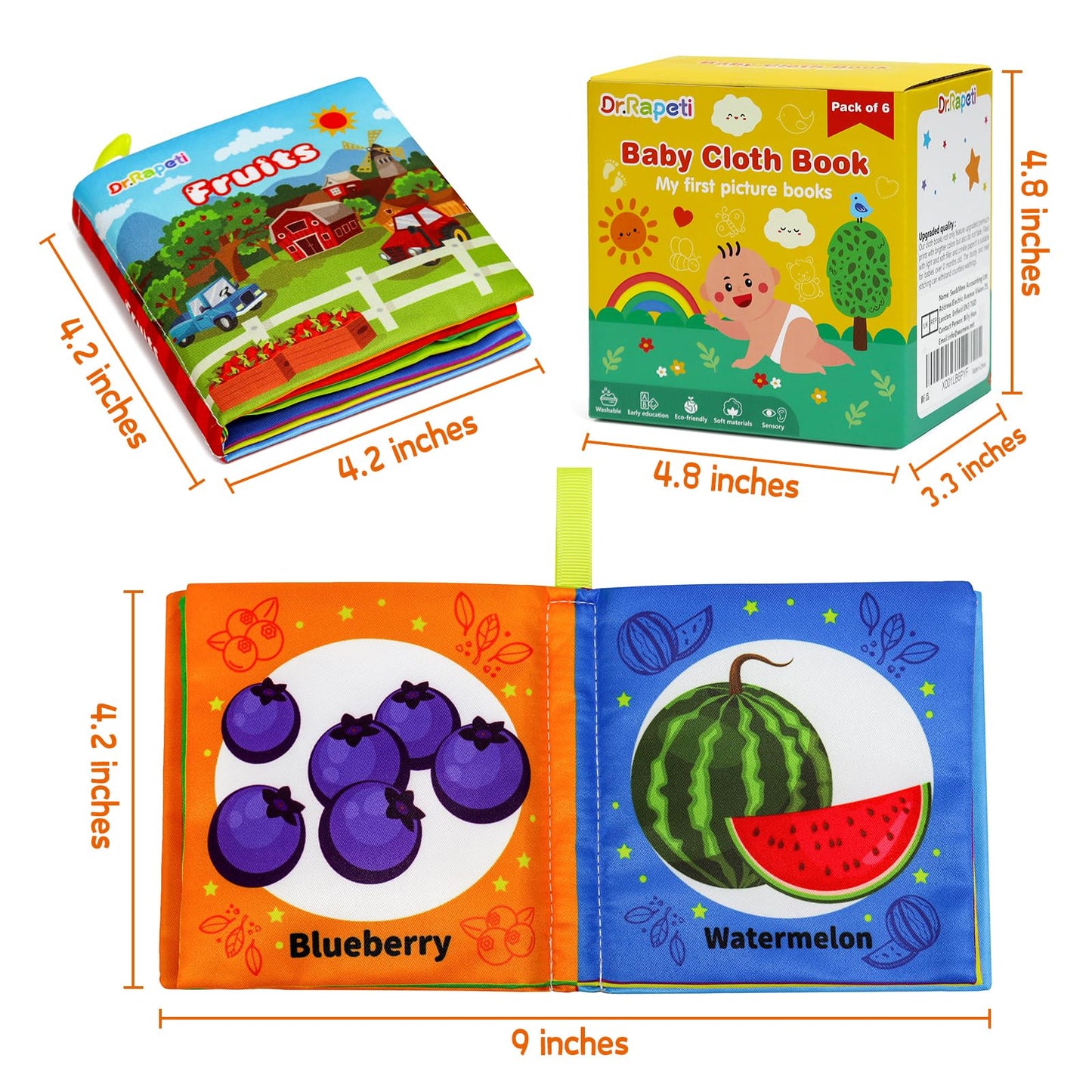 Dr.Rapeti Soft Cloth Books Baby Books Bath Books 6-Pack for Baby Infant Toddler Kids Crinkle Squeaky Washable Chewable Non-Toxic