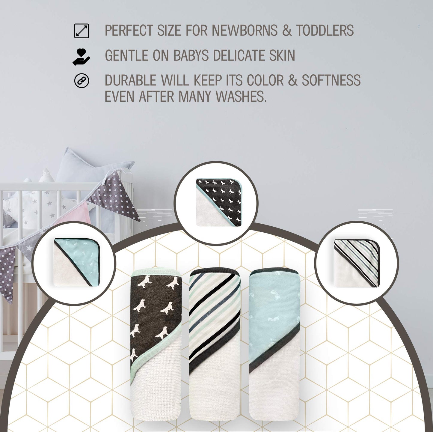Modern Baby 3 Pack Hooded Baby Towels Set For Newborn & Infant Boys & Girls Baby Bath Towels