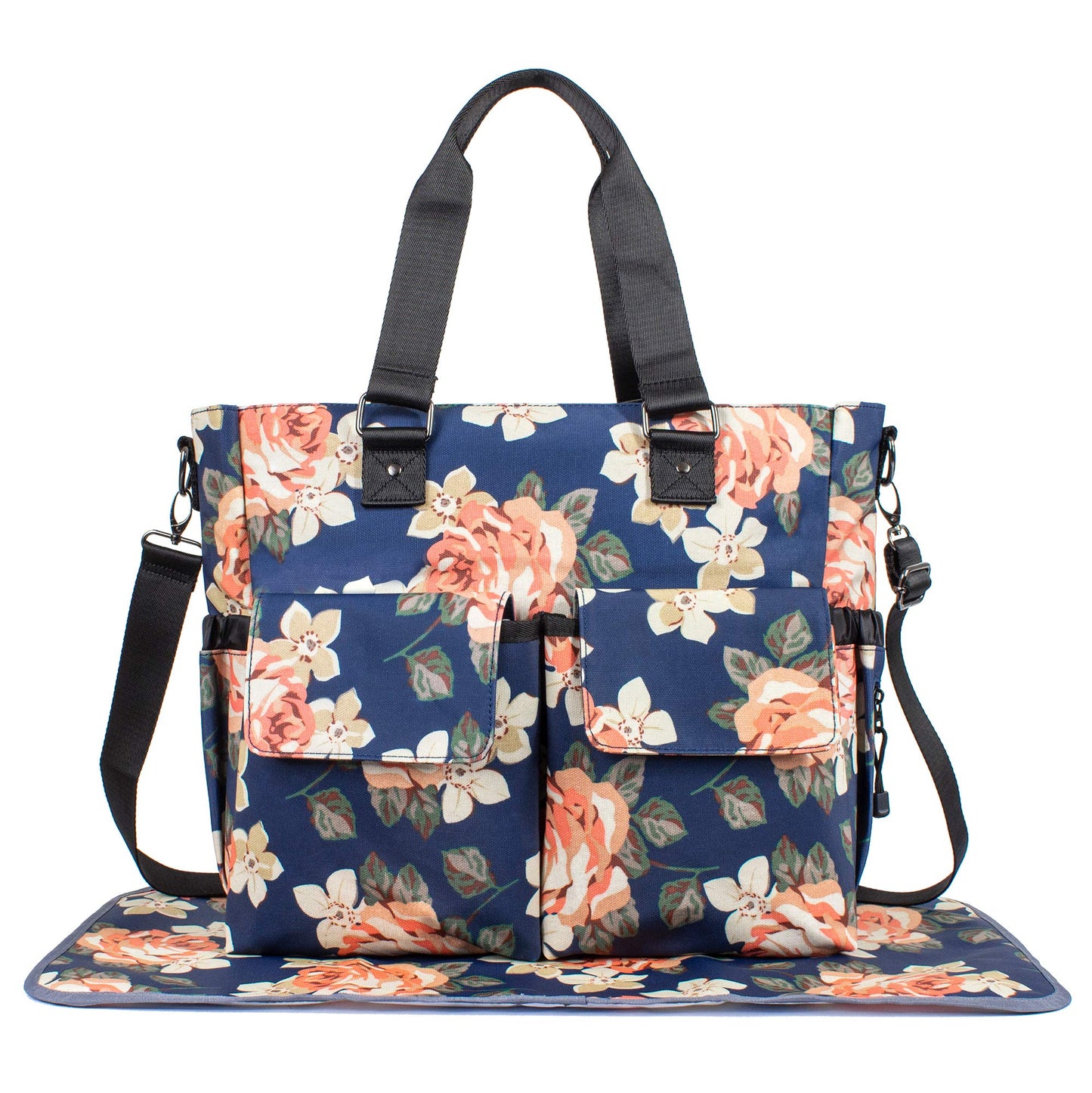 H Hikker-Link Womens Large Floral Waterproof Diaper Bag Weekend Bags Handbag For Mom Tote Bag Changing Pad Dark Blue