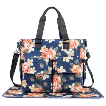 H Hikker-Link Womens Large Floral Waterproof Diaper Bag Weekend Bags Handbag For Mom Tote Bag Changing Pad Dark Blue