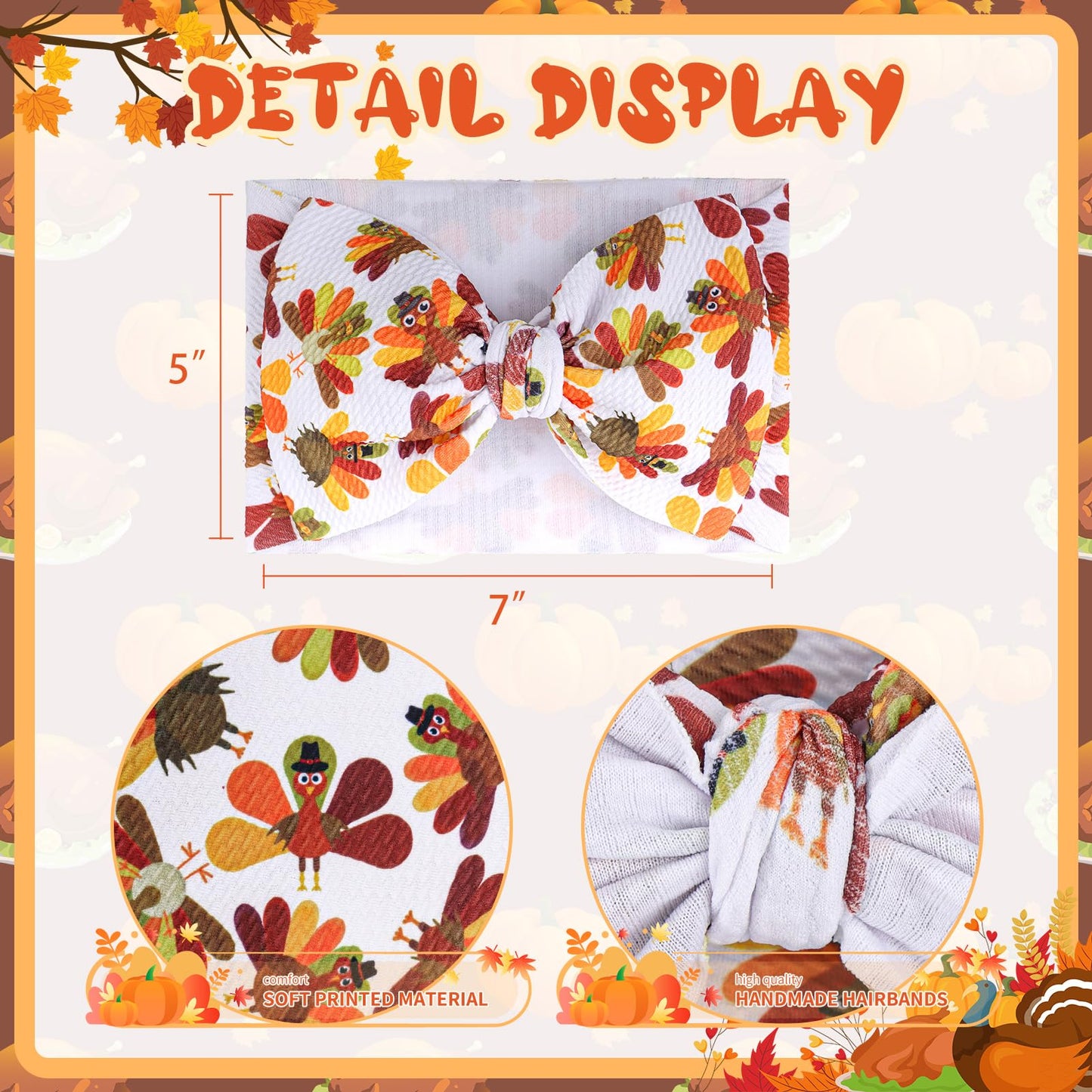 Yanjie Thanksgiving Turkey Printed Handmade Pumpkin Bows For Baby Girls, Fall Theme Party Accessories For Infants, Toddlers
