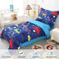 Wowelife Car Toddler Bedding Sets For Boys 4 Piece Blue Vehicle Toddler Bed Sheet Sets Bed-In-A-Bag Comforter Set For Kids Boys