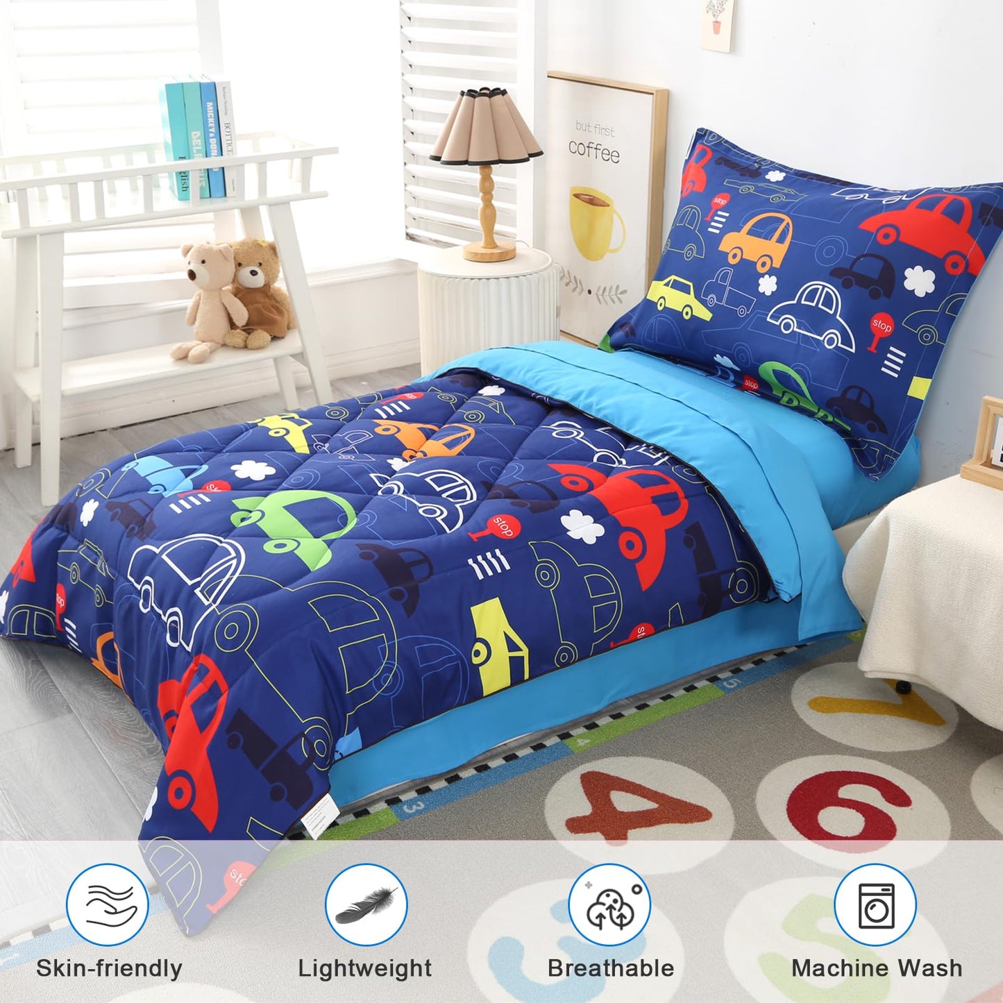 Wowelife Car Toddler Bedding Sets For Boys 4 Piece Blue Vehicle Toddler Bed Sheet Sets Bed-In-A-Bag Comforter Set For Kids Boys