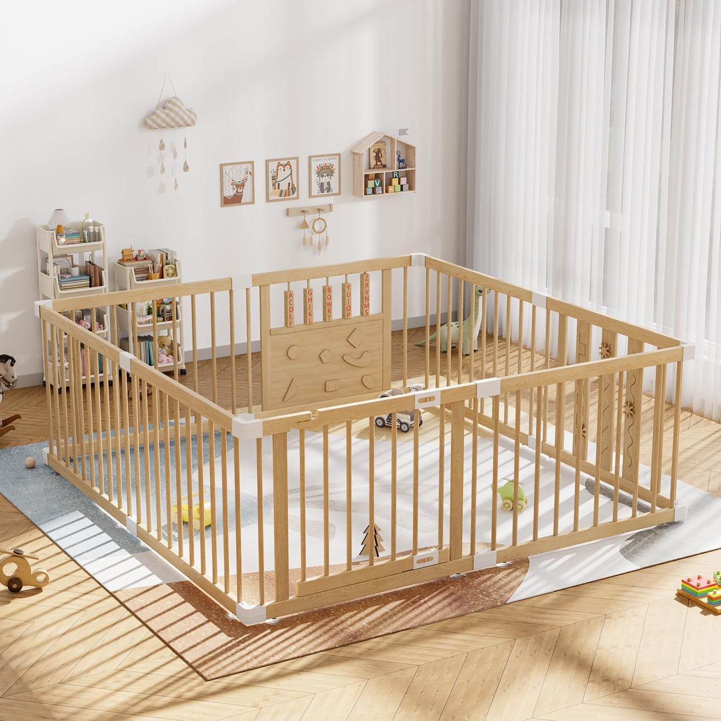Wooden Baby Playpen with Child Safety Lock, 6464 Large Playpen for Babies and Toddlers, Indoor Play Pen for Kids Activity Center
