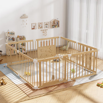 Wooden Baby Playpen with Child Safety Lock, 6464 Large Playpen for Babies and Toddlers, Indoor Play Pen for Kids Activity Center