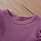 Kulcerry Newborn Infant Baby Girl Clothes Solid Color Ribbed Long Sleeve Romper Pants Headband Outfits Set (Purple,Newborn)