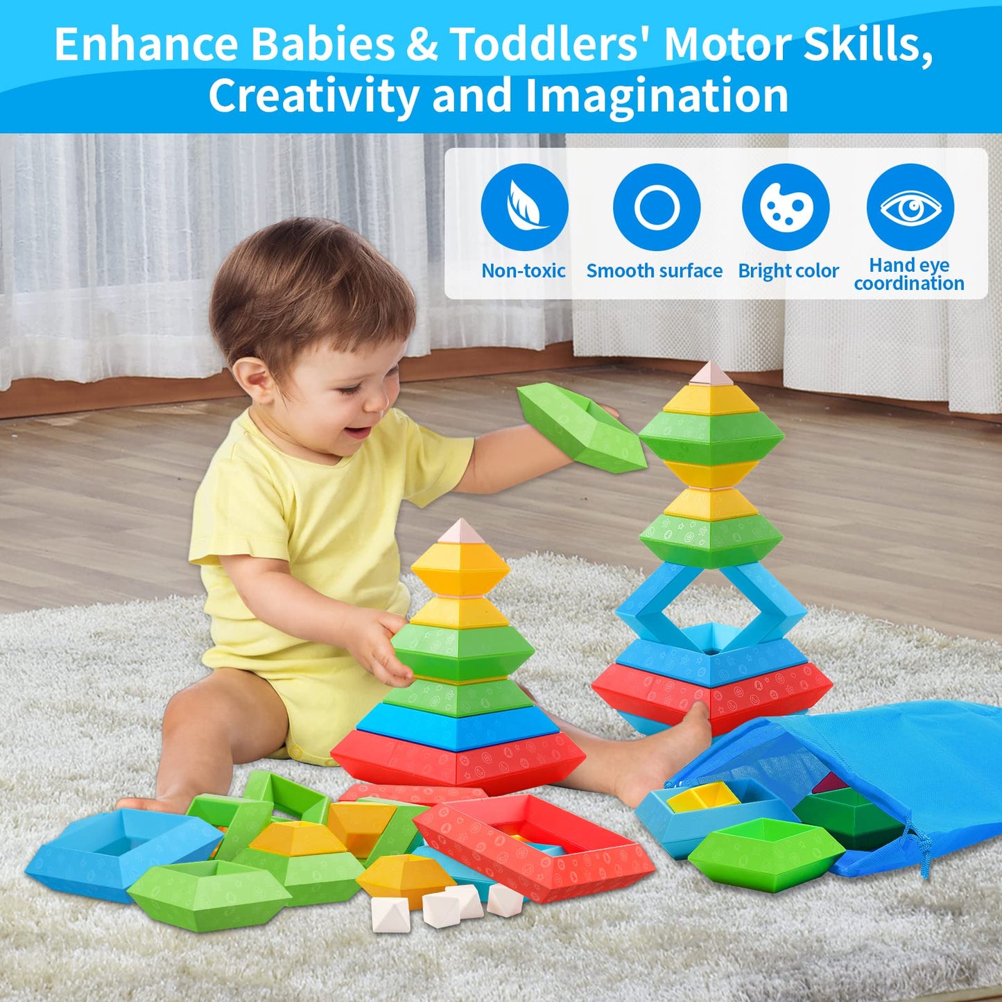 Hieoby Montessori Toys for 1 2 3 4 Year Old Boys Girls Toddlers Preschool Learning Activities 30Pcs Building Blocks Stacking Edu