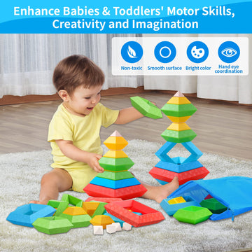 Hieoby Montessori Toys for 1 2 3 4 Year Old Boys Girls Toddlers Preschool Learning Activities 30Pcs Building Blocks Stacking Edu