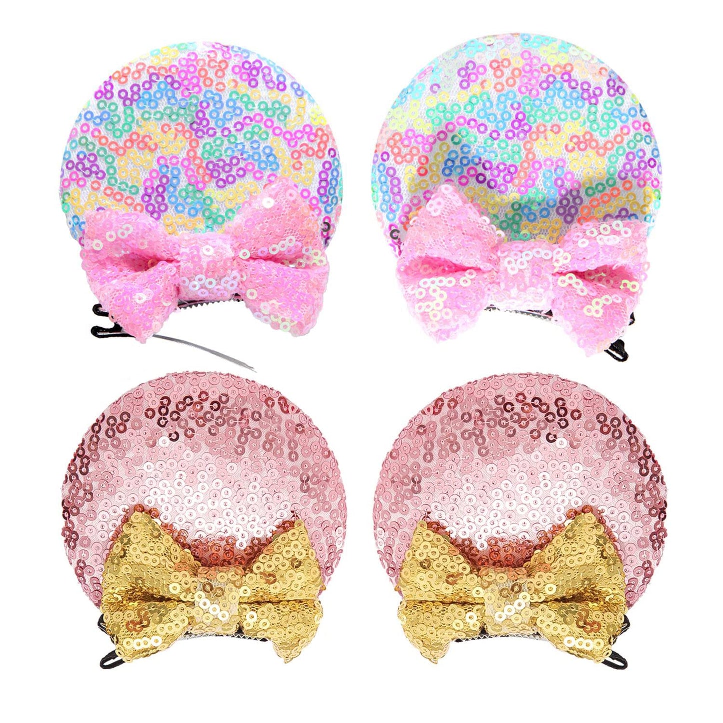 2 Pairs Sequin Ears Hair Clips, Mouse Ear Bows For Kids, Girls And Women - Glitter Princess Accessories For Birthday, Christmas