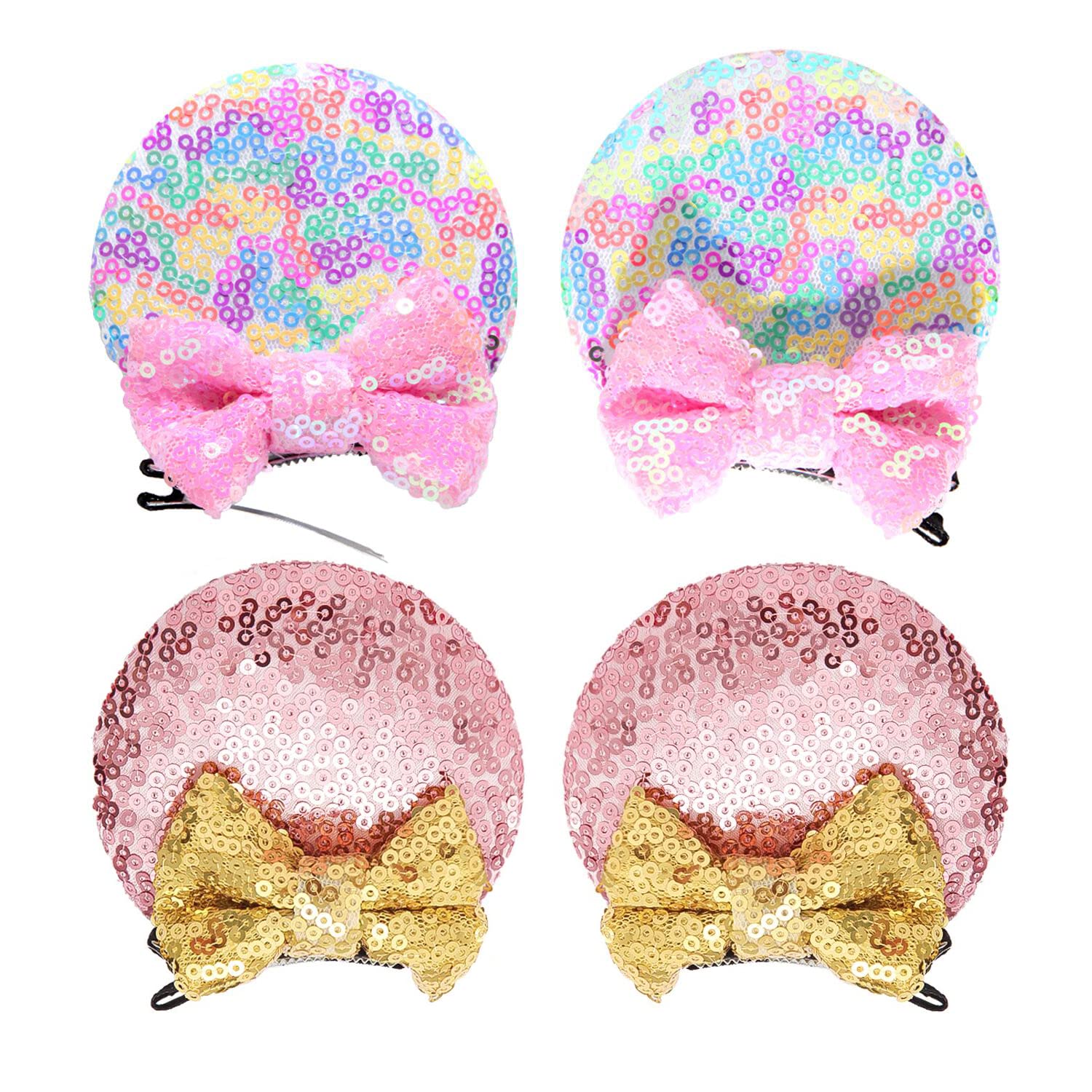 2 Pairs Sequin Ears Hair Clips, Mouse Ear Bows For Kids, Girls And Women - Glitter Princess Accessories For Birthday, Christmas