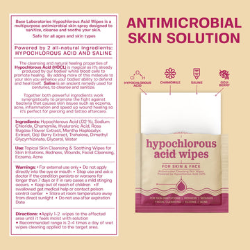 Base Laboratories Hypochlorous Acid Wipes | Saline Solution And Hocl Infused Wound Cleaning Wipes For Skin & Face | Cleanses, Sa