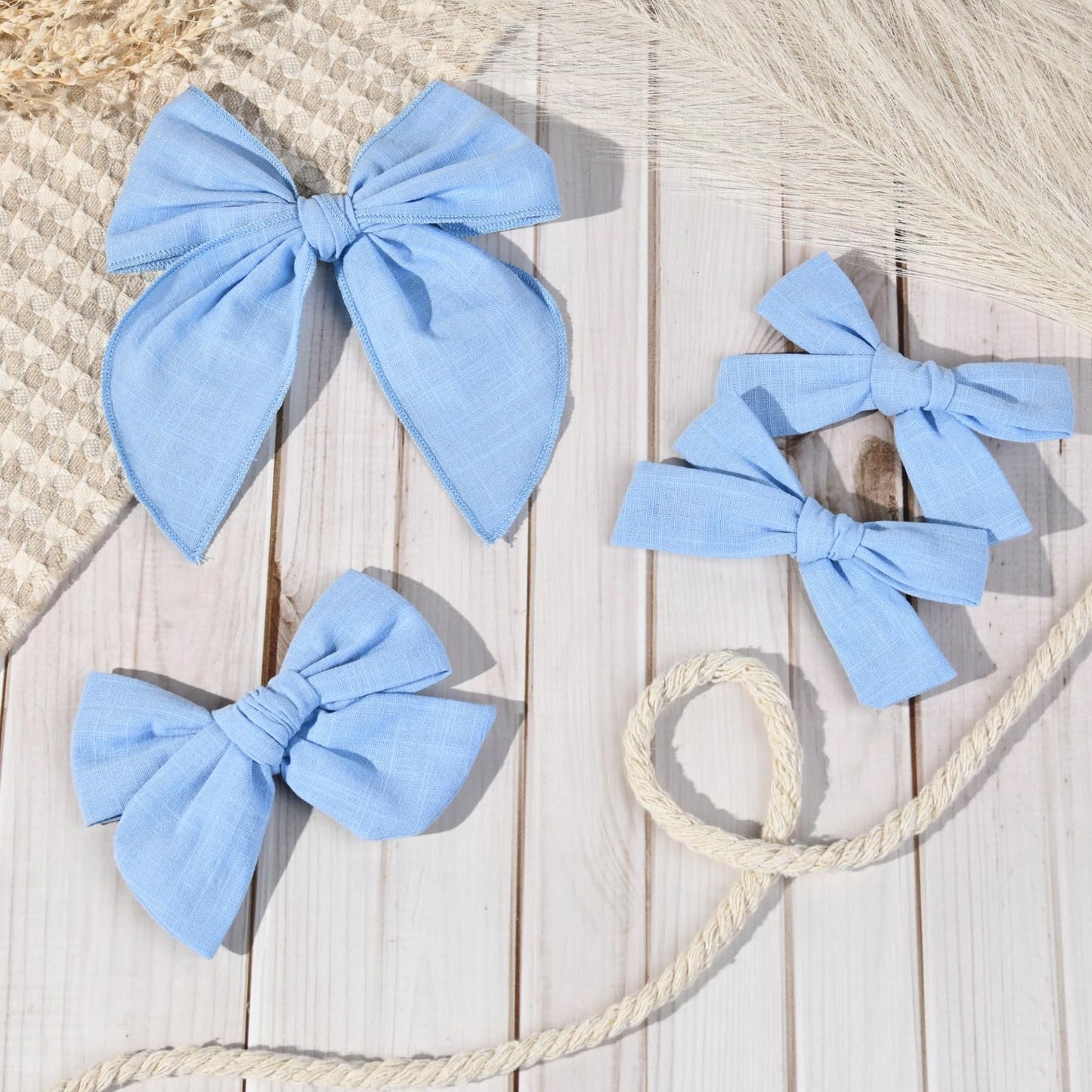Deeka 4 Pcs Blue Cotton Linen Hair Bows 3 Styles 5' & 4' Handmade Hair Bow Set For Toddler Girls Alligator Hair Clips Knot Bow