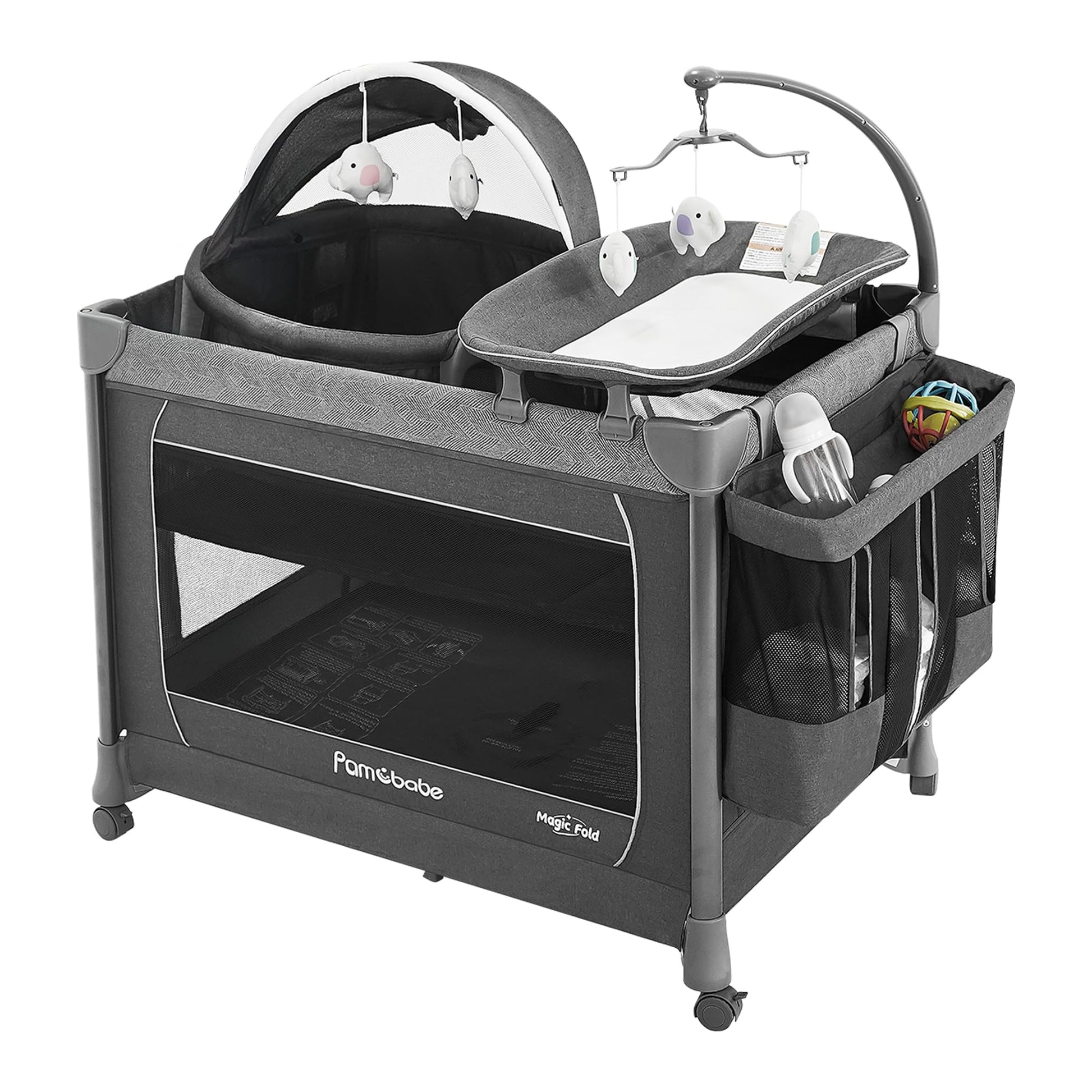 Pamo Babe 1-Second Setup 5-in-1 Playard for Babies - Heavy-Duty Steel Frame for Safe Sleep Space, Portable Crib with Zip Door & 