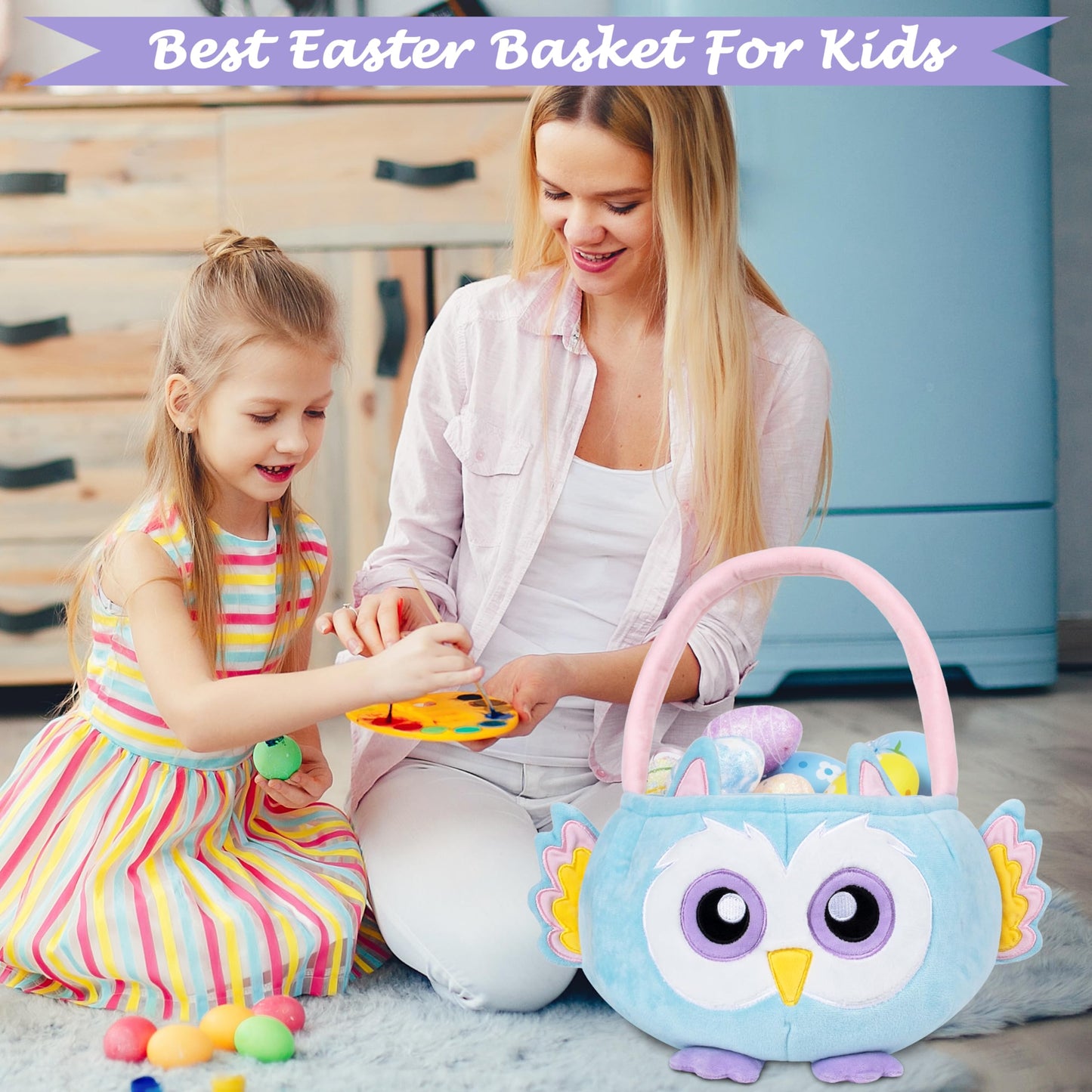 Lubot Owl Easter Basket For Kids, Cute Plush Empty Bucket With Small Ears And Handle Egg Hunt Tote Candy Bag Basket For Boys Gir