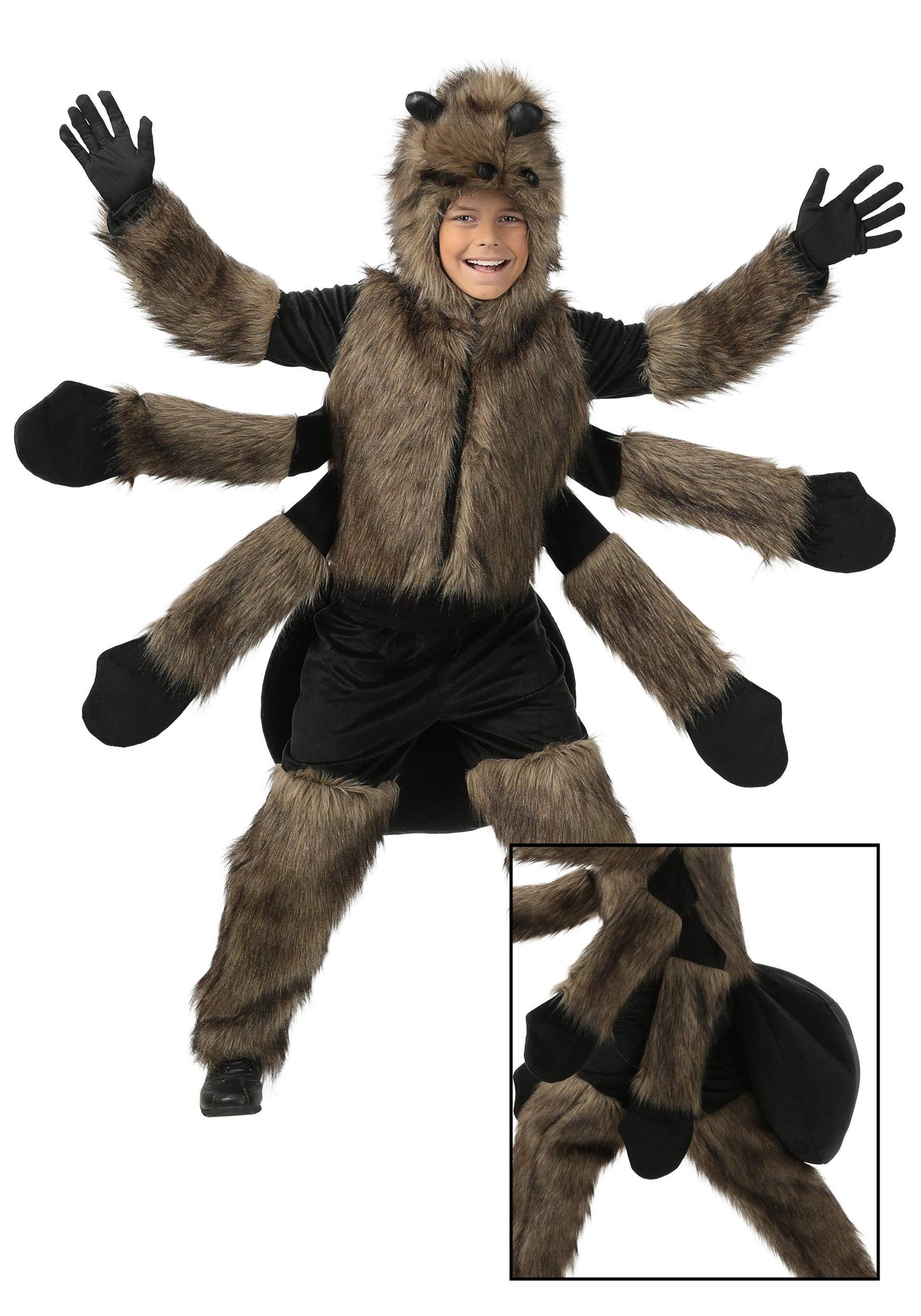 Kids Brown Furry Spider Costume Boys, Scary Eight Legs Arachnid Giant Tarantula Childrens Halloween