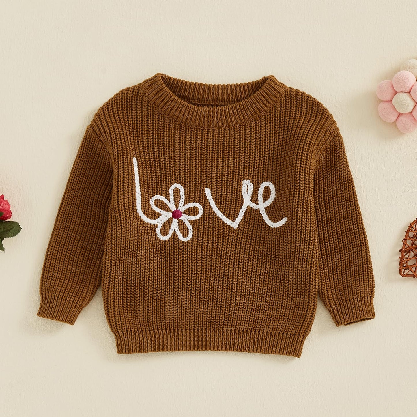 Nokpsedcb Baby Girl Cute Long Sleeve Heart Flowers Embroidery Oversized Sweater Toddler Valentine Outfit (Brown Love Flower, 3-4