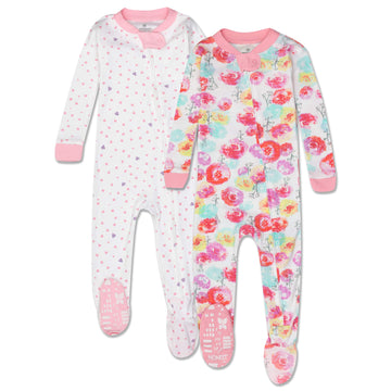 Honestbaby 2-Pack Organic Cotton Snug-Fit Footed Pajamas, Rose Blossom/Love Dot, 12 Months