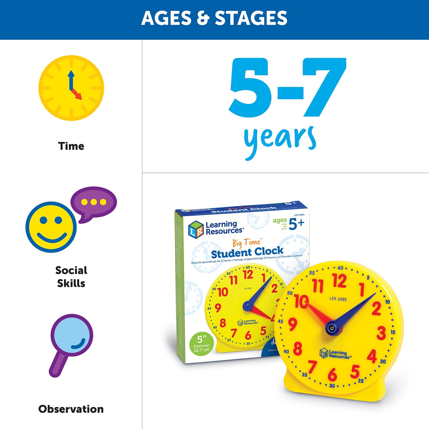 Learning Resources Big Time Student Clock, Teaching & Demonstration Clock, Develops Time and Early Math Skills, Ages 5+, Clock f