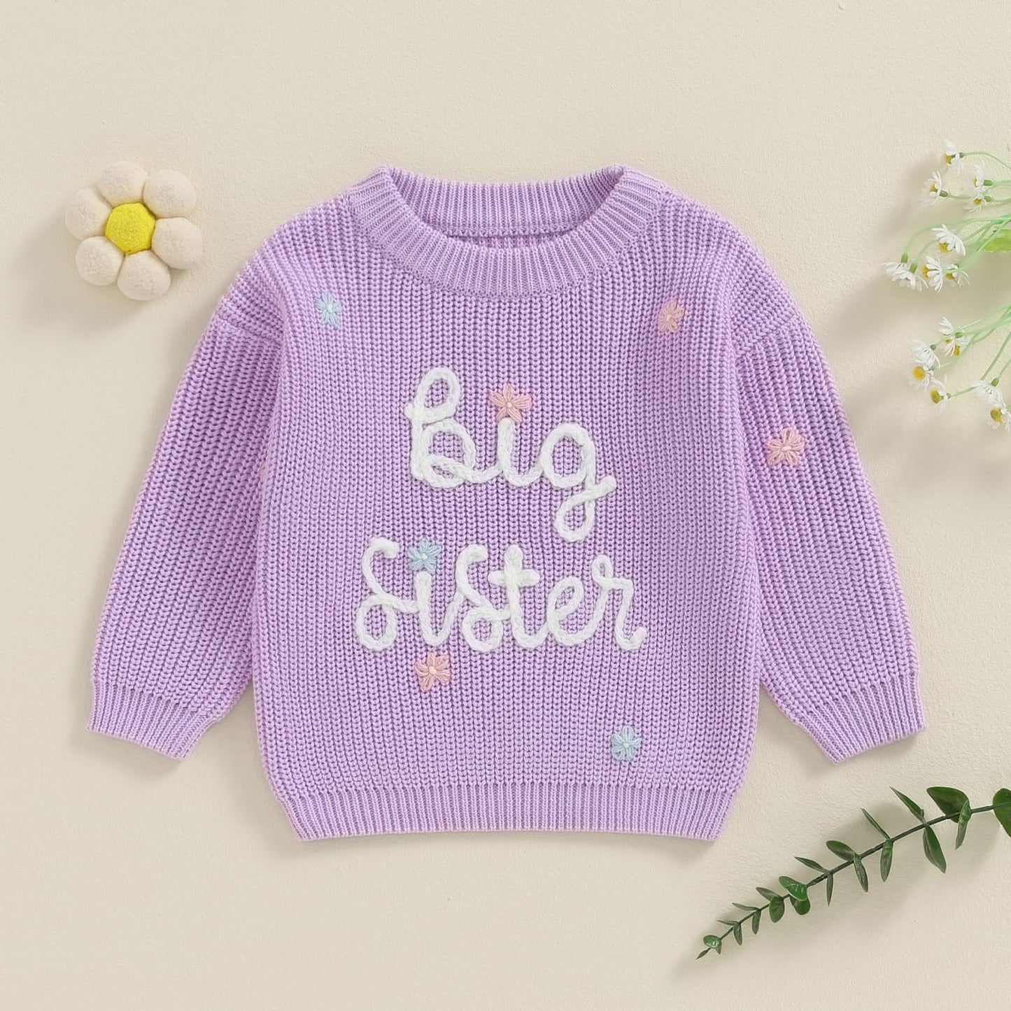 Toddler Infant Baby Girl Knit Sweater Big Sister Little Sister Matching Outfits Long Sleeve Pullover Sweatshirt (Purple, 18-24 M