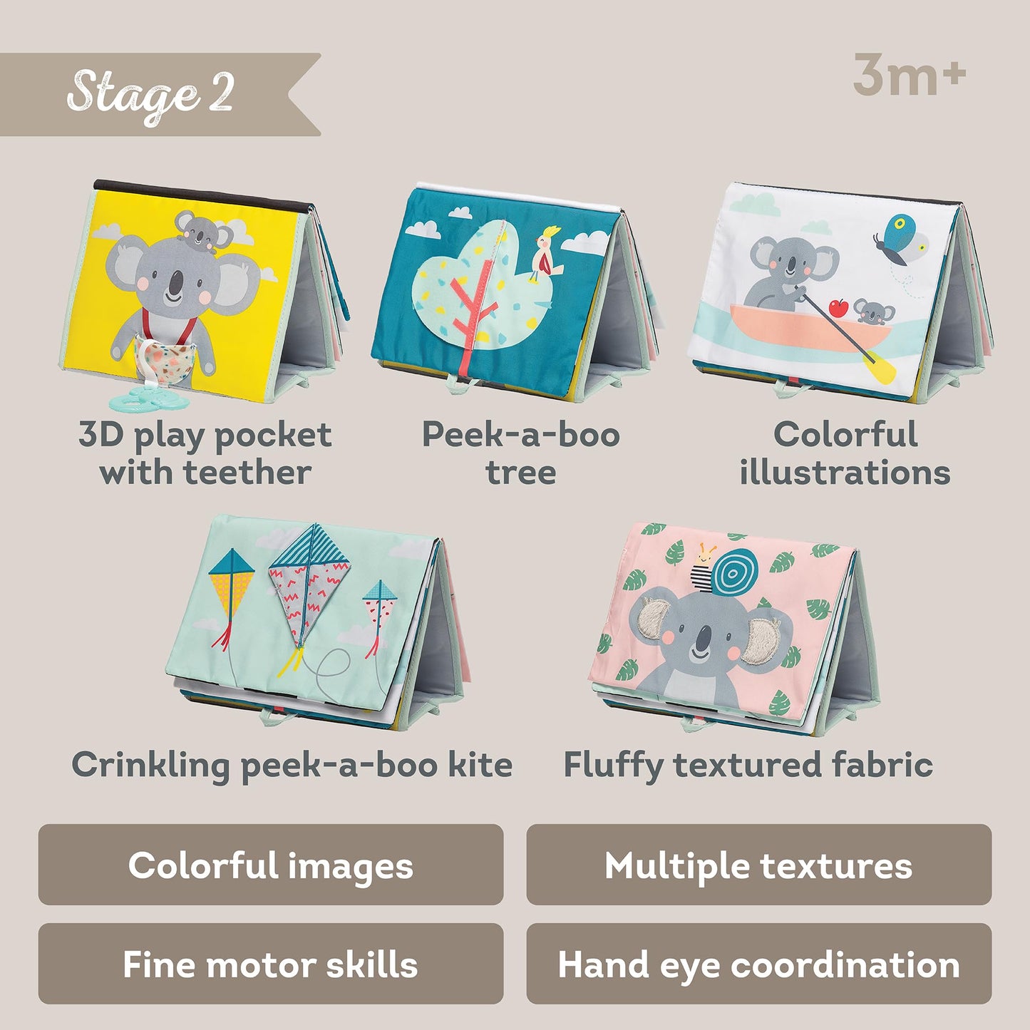 Tummy Time Toys High Contrast Baby Book. Fun, Interactive Crinkle Books for Babies with Baby Tummy Time Mirror & Soft Koala Teet