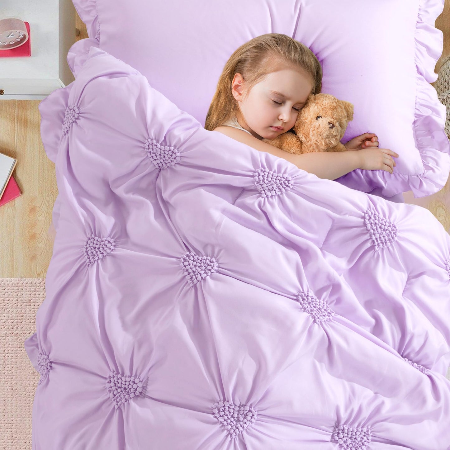 Hombys 4 Pieces Purple Princess Toddler Bedding Set For Girls Kids, Ultra Soft Pinch Pleat Comforter Set With Ruffles For All Se