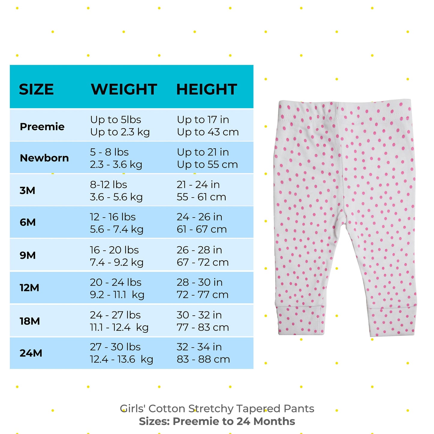 Spasilk Tapered Pants, Girls Cotton Pants, 3 Pack, Pink Dots, 18 Months