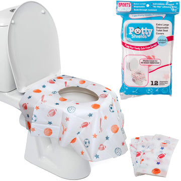 Potty Shields Toilet Seat Covers Disposable (12 Pack, Sports) - Xl Waterproof Toilet Cover For Toddlers, Kids & Adults - Portabl