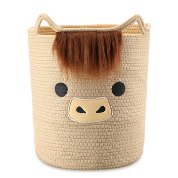 AceOrbit Highland Cute Cow Basket for Nursery, Big Shower Gift Basket, Round Woven Rope Cotton Storage with Ears Handles, Baby B
