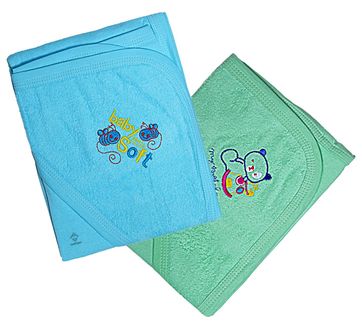 Sathiyas Akash 100% Cotton Embroidered Baby Towels  Pack Of 2 (Green || Cream)
