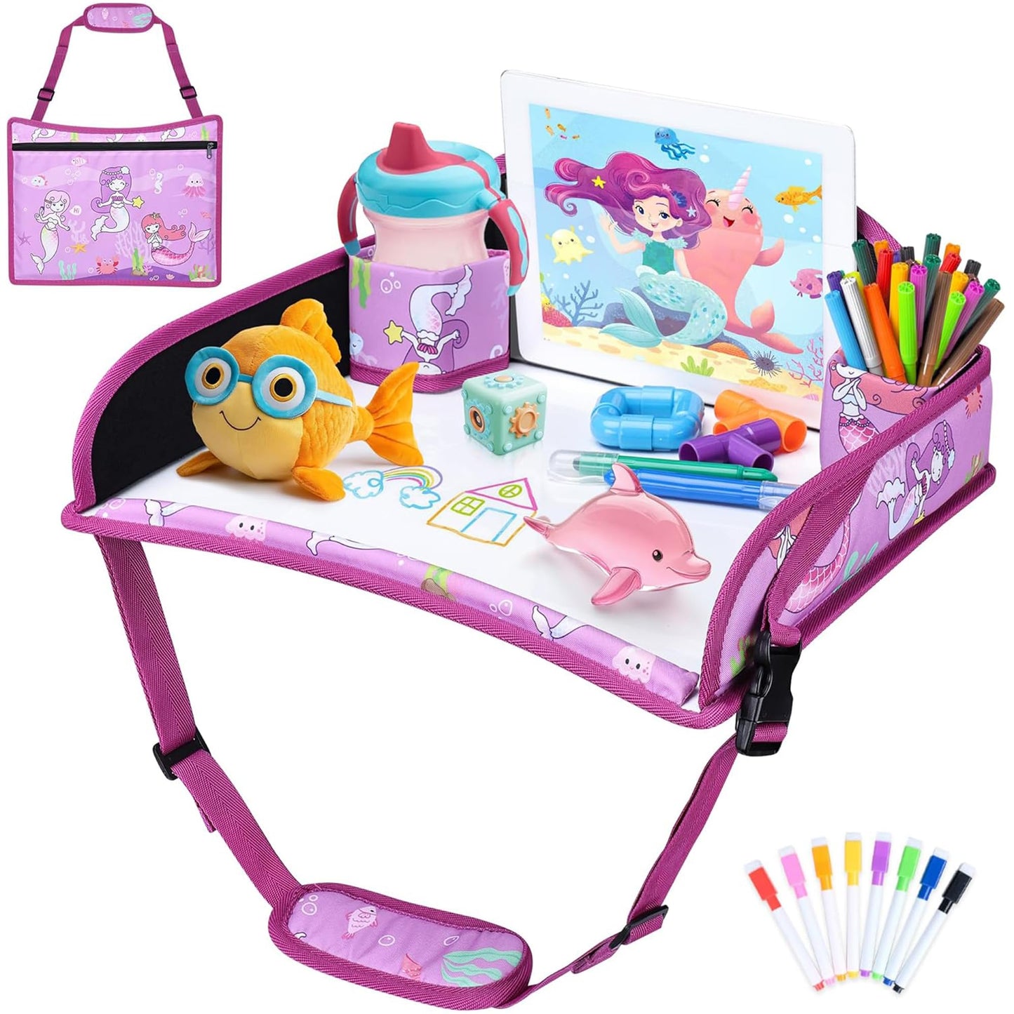AZAMIA Kids Travel Tray for Toddler Carseat, Road Trip Activities Essentials for Toddler, Kids Lap Desk Tray with Tablet Holder 