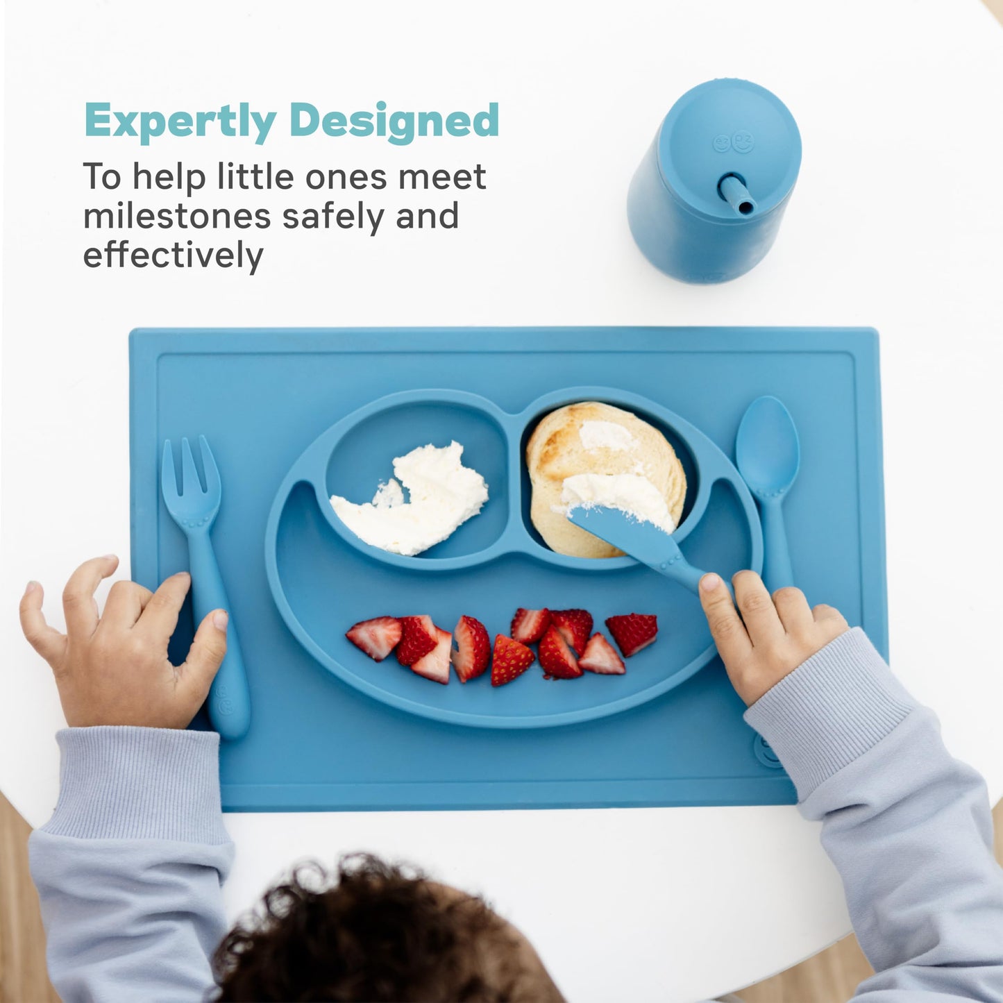 Ezpz Happy Mat - 24 Months+ (Blue) - 100% Silicone Suction Plate With Built-In Placemat For Toddlers + Preschoolers - Divided To