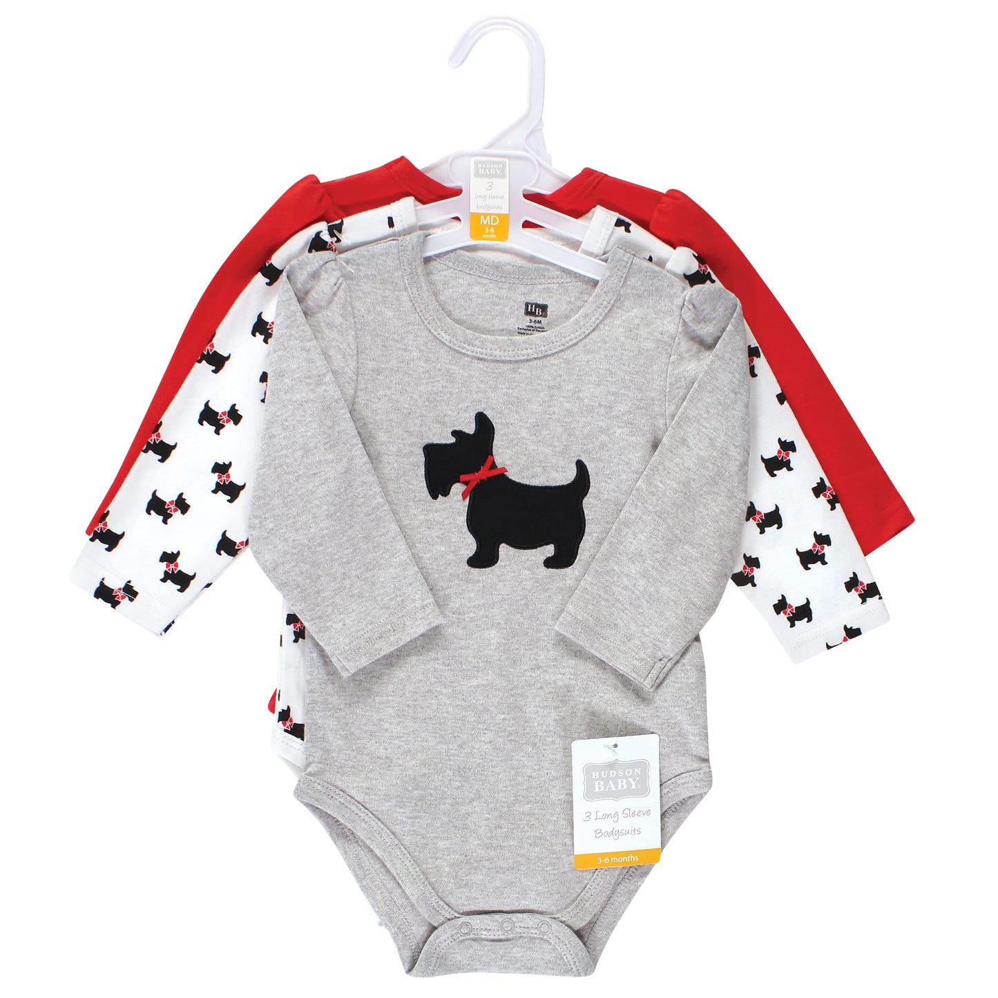 Hudson Baby Unisex Baby Cotton Long-Sleeve Bodysuits, Scottie Dog, 9-12 Months