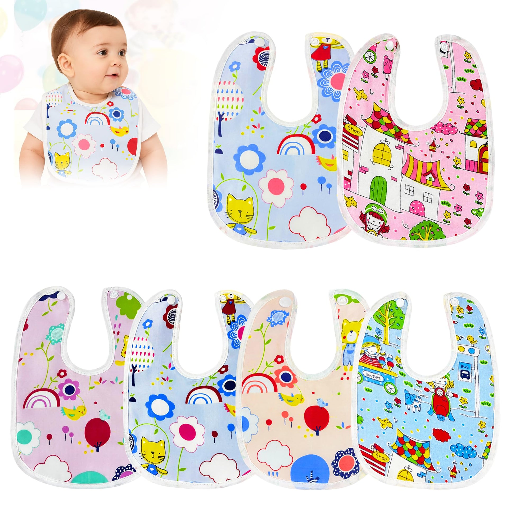 6 Piece Feeding Bibs Set For Newborn Babys, Toddlers Aged 836 Months, Cute Print Baby Bibs, Waterproof, Adjustable, Washable