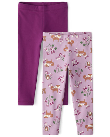 The Children'S Place Baby Girls' And Toddler Assorted Everyday Pull On Leggings, Plum/Lilac Foxes 2-Pack, 12-18 Months
