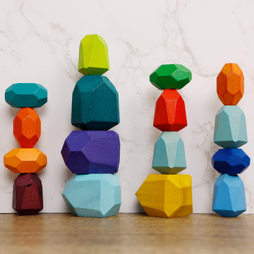 Cllayees 16 Pcs Wooden Stacking Blocks Rocks Building Toys, Colored Solid Wood Stones Pre-School Educational Games Creative Toys