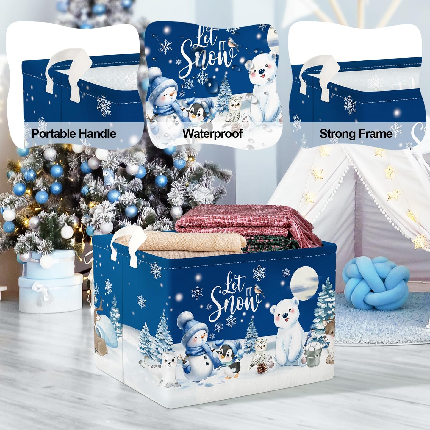 Clastyle Winter Animals Storage Basket Christmas Snowman Penguin Gift Basket Kid Polar Bear Deer Owl Seal Nursery Bin Large Clot
